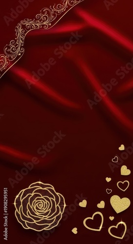 Ornate golden decorations frame a rich, flowing burgundy fabric background with scattered heart shapes.