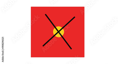 Red square with a yellow circle and black cross, symbolizing prohibition, error, or cancellation, isolated on white background.