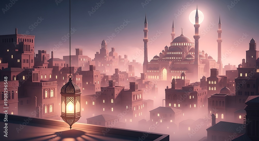Fototapeta premium Ramadan Lantern Illuminates Misty Islamic Cityscape with Mosque at Dusk.