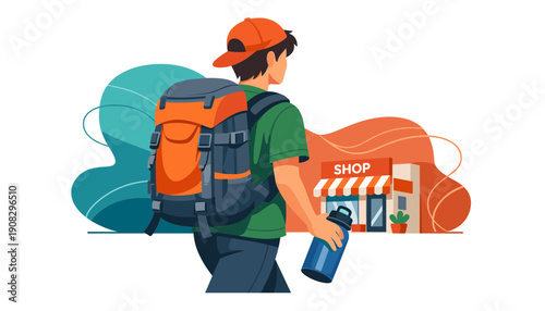 Young man with backpack and water bottle walking towards shop.