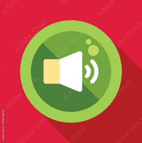 Volume speaker icon in green circle on red background, displaying sound waves