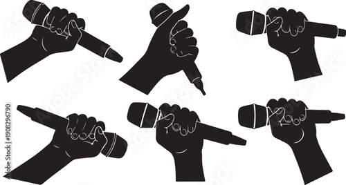 Hands holding microphones in various poses and positions strongly