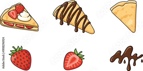 Strawberry Crepe and Dessert Vector Illustration Set with Whipped Cream Chocolate Drizzle Fresh Berries and Liquid Splashes