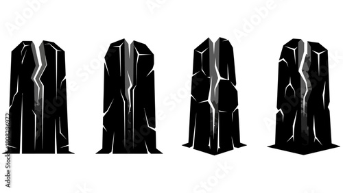 Cracked Stone Pillars, Ancient Ruins, Dark Rock Monuments, Mysterious Obelisks