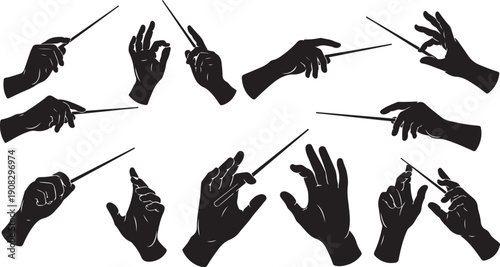 Various Conductor Hand Gestures with Baton on White Background