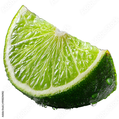 Fresh green lime wedge with water droplets, citrus fruit segment, isolated on white