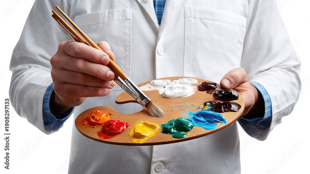Obraz premium Artisan's Palette: An artist, cloaked in a pristine smock, carefully mixes colors on a wooden palette, poised to bring creative visions to life with a brush in hand.