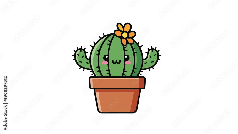 Fototapeta premium Cute Kawaii Cactus Plant in Pot with Flower, Adorable Cartoon Style
