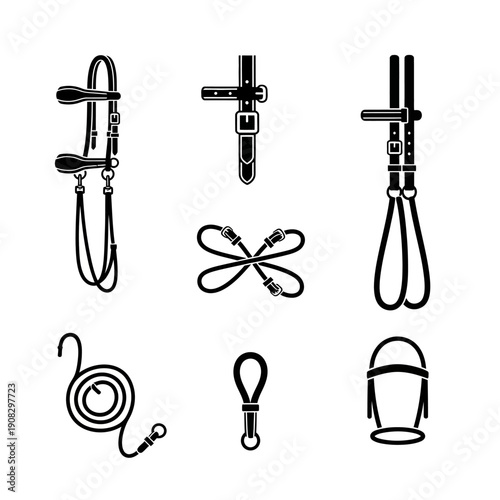 Equestrian Gear Icons: Bridle, Reins, Whip, Halter, Rope Set