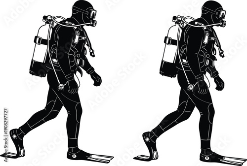 Scuba diver silhouettes walking, underwater equipment gear, oxygen tank fins mask, marine exploration concept, isolated black figures, white background