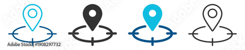 Location pin on target icon set, gps navigation and geolocation focus symbols for user interface and mobile apps on transparent background