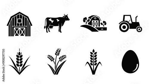 Farm Icons: Barn, Cow, Tractor, Wheat, Egg - Agriculture and Farming Symbols