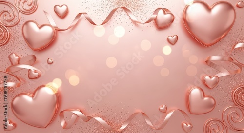 Three dimensional metallic hearts and ribbons adorn a pale pink background creating a celebratory border