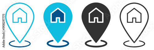 Home location pin icons set, map navigation and gps geolocation symbols for real estate and address identification on transparent background