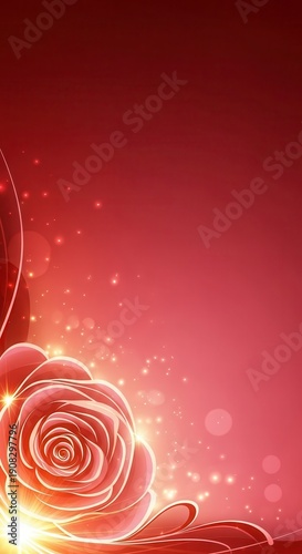 Glowing stylized flower adorns a deep red background with sparkling light effects.