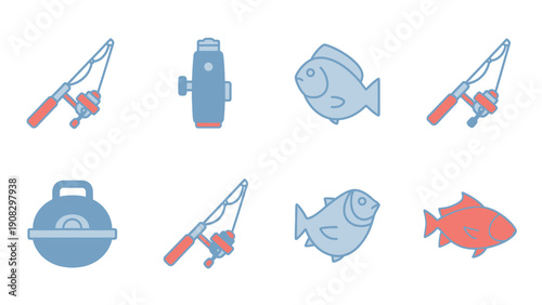 Fishing Rods, Fish, and Grill Icons: Outdoor Hobby and Leisure Vector Set