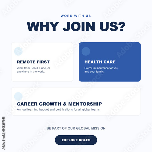 Vector UI design for 'Why Join Us?' recruitment page with remote work, healthcare, and career growth benefits, dark blue and white