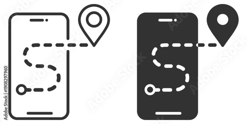 Mobile navigation route map icon vector with location pin and path on transparent background