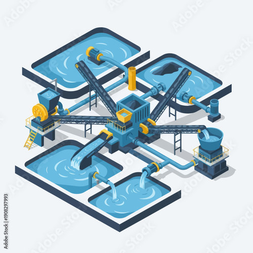 Water Treatment Plant with Multiple Ponds and Pipes.