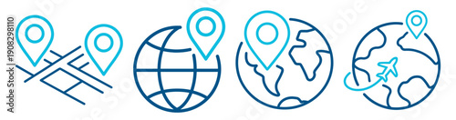 Global map location pin icon vector set with world and travel navigation symbols on transparent background