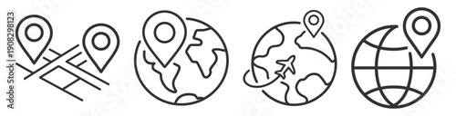 Global map location pin icon vector set with world and travel navigation symbols on transparent background