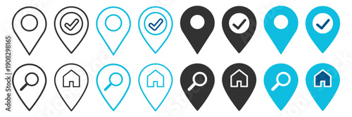 Location pin map marker icons set with checkmark search and home symbols, vector illustration on transparent background