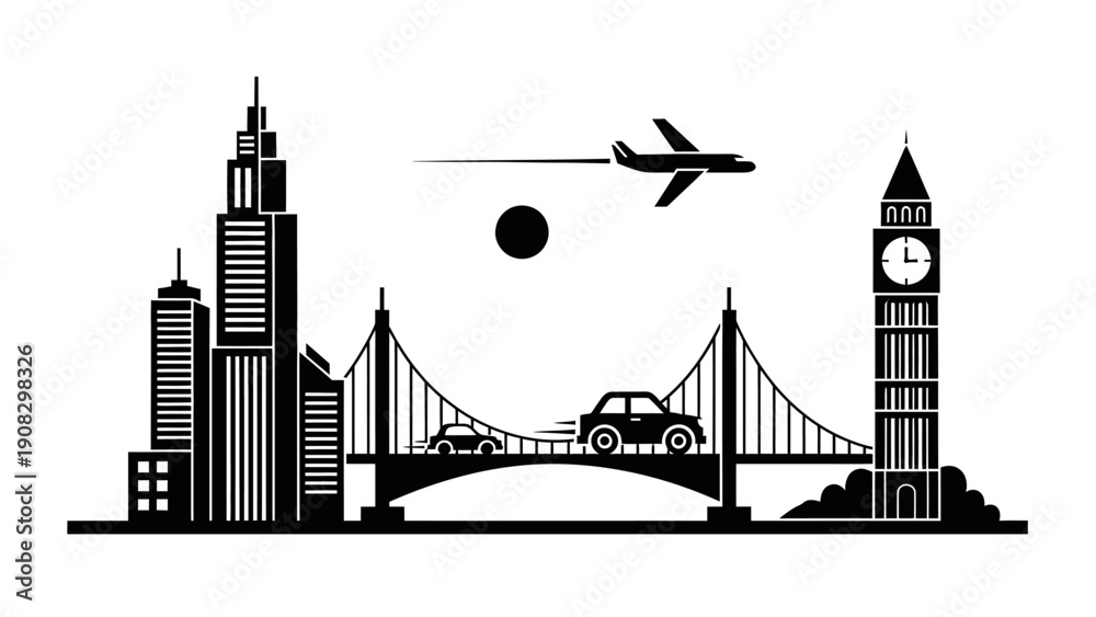 Obraz premium Global Travel and Cityscape: Airplane, Bridge, Cars, and Iconic Buildings