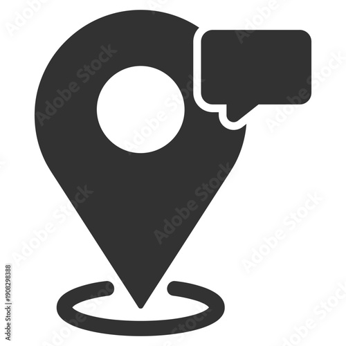 Location pin with message bubble, map navigation icon showing place information on transparent background