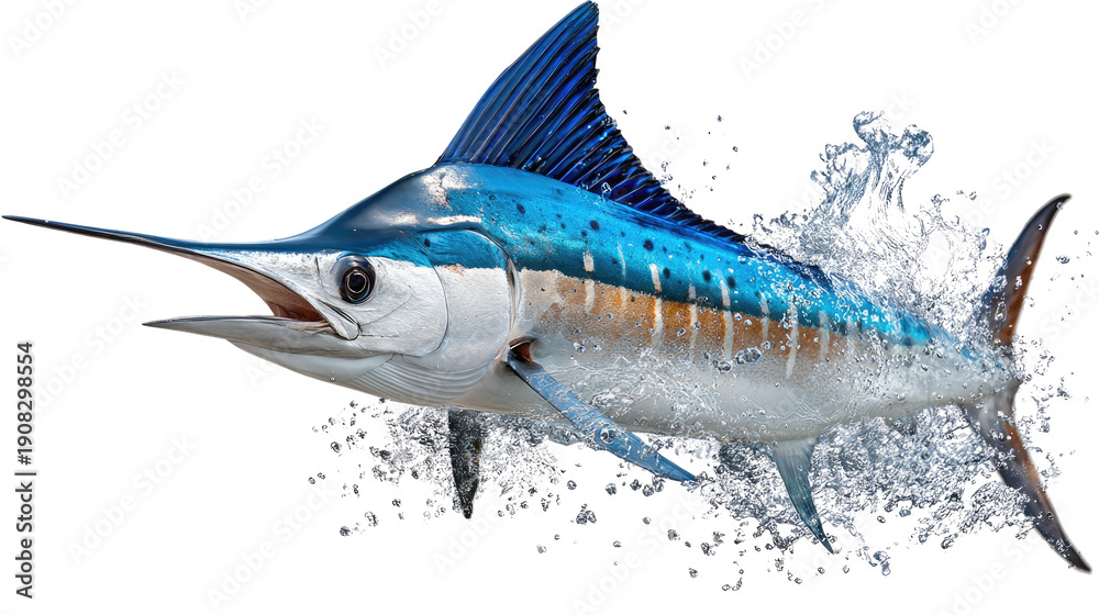 Naklejka premium Marlin's Aquatic Leap: A powerful marlin bursts through the water, creating a stunning display of aquatic dynamism. Captured in this instant.