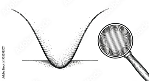Detailed scientific analysis of a U-shaped curve or mathematical function, with a magnifying glass symbolizing data examination, optimization, and finding minimum points in research.