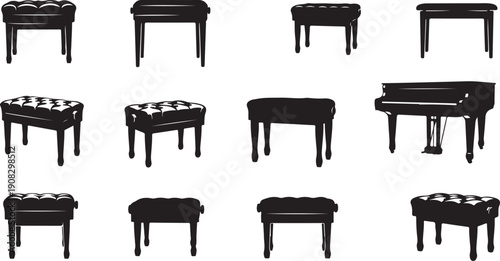 Collection of various black piano silhouettes on white background