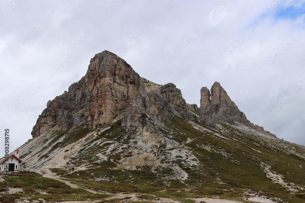 Fototapeta premium Alpine landscape near Locatelli Hut, Dolomites range captured in wide panoramic view