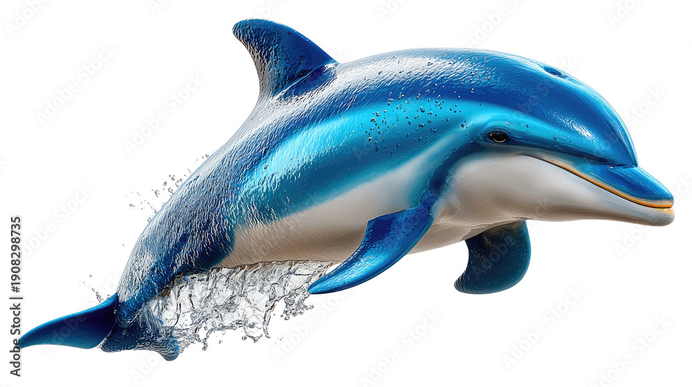 Fototapeta premium Dolphin's Grace: An elegant dolphin, a symbol of freedom, leaps from the water. Its sleek body glistens, droplets of water in mid-air create a captivating spectacle of aquatic beauty.