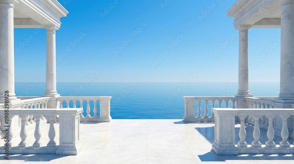 Fototapeta premium Elegant White Balcony Overlooking Expansive Blue Ocean and Sky.