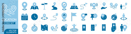 Location icons set featuring map pins, routes, navigation, GPS tracking, destinations, and travel symbols in outline vector style on white background