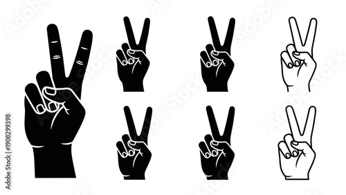 Peace Sign Hand Gestures: Black and White Silhouettes and Line Art Icons
