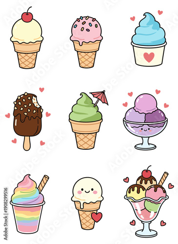 Variety of delicious ice cream cones and sundaes collection with different toppings and flavors for summer menu and cafe decoration design