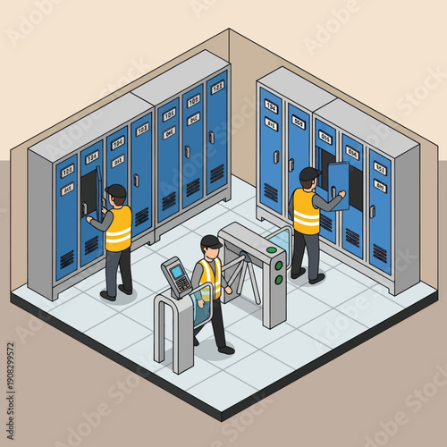 Server room with security personnel and access control systems.