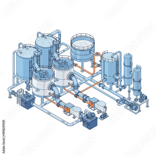 Industrial Plant with Pipes and Tanks 3D Illustration.
