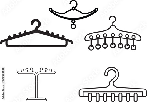 Professional coat hanger and specialized wardrobe organizer icons featuring various shapes for ties scarves and heavy garments