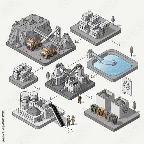 Industrial Process Flow Diagram with Mining and Manufacturing Stages.