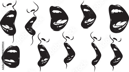 Black and white illustration of various smoking lips closeup