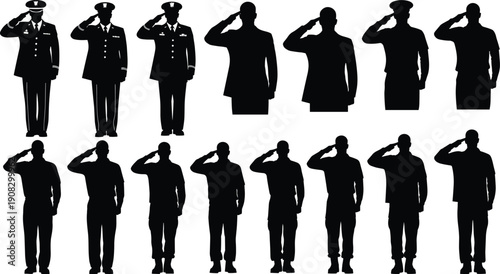 Military salute silhouettes collection, uniformed soldiers standing, respectful gesture poses, armed forces personnel, isolated black figures, white background illustration