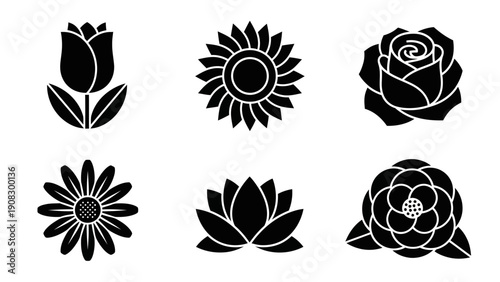 Set of 6 Black and White Flower Icons: Tulip, Sunflower, Rose, Daisy, Lotus, Camellia