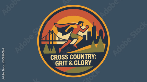 Cross Country Grit & Glory Event Logo with Runner Silhouette and Cityscape