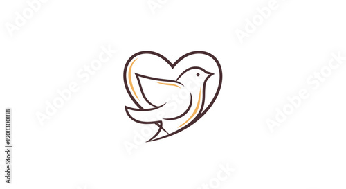 Elegant line art illustration of a bird flying inside a heart shape representing peace, love, and harmony for logo designs.