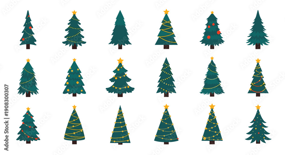 Obraz premium Large collection of diverse flat Christmas tree icons with various styles of ornaments, lights, and stars for holiday designs.