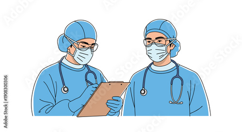 Two professional surgeons wearing blue scrubs, masks, and caps reviewing medical information on a clipboard for patient care.
