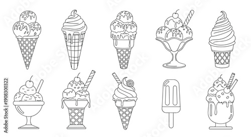 Diverse collection of ice cream line art illustrations featuring cones, cups, popsicles, and sundaes with toppings.