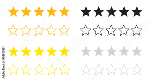 Five-star rating icon set featuring transparent, outline, black, and gold star styles. Feedback and quality rating symbols.